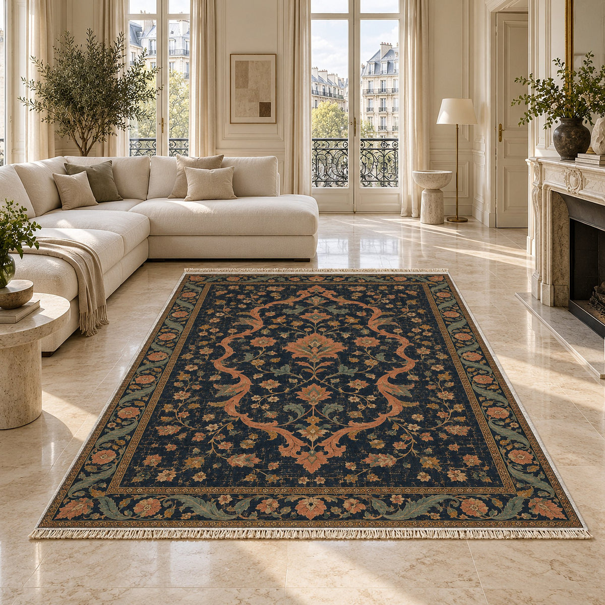 Lobed Ogee Passage Midnight & Melon washable rug on a marble floor