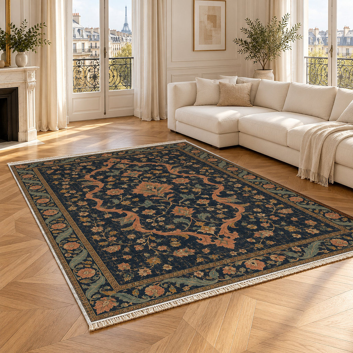 Lobed Ogee Passage Midnight & Melon washable rug angled room view
