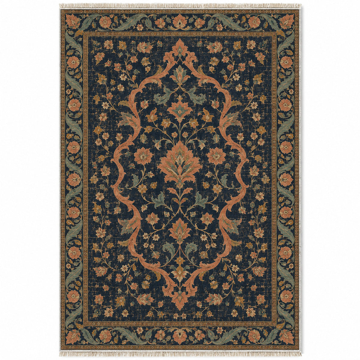 Lobed Ogee Passage Midnight & Melon washable rug top view