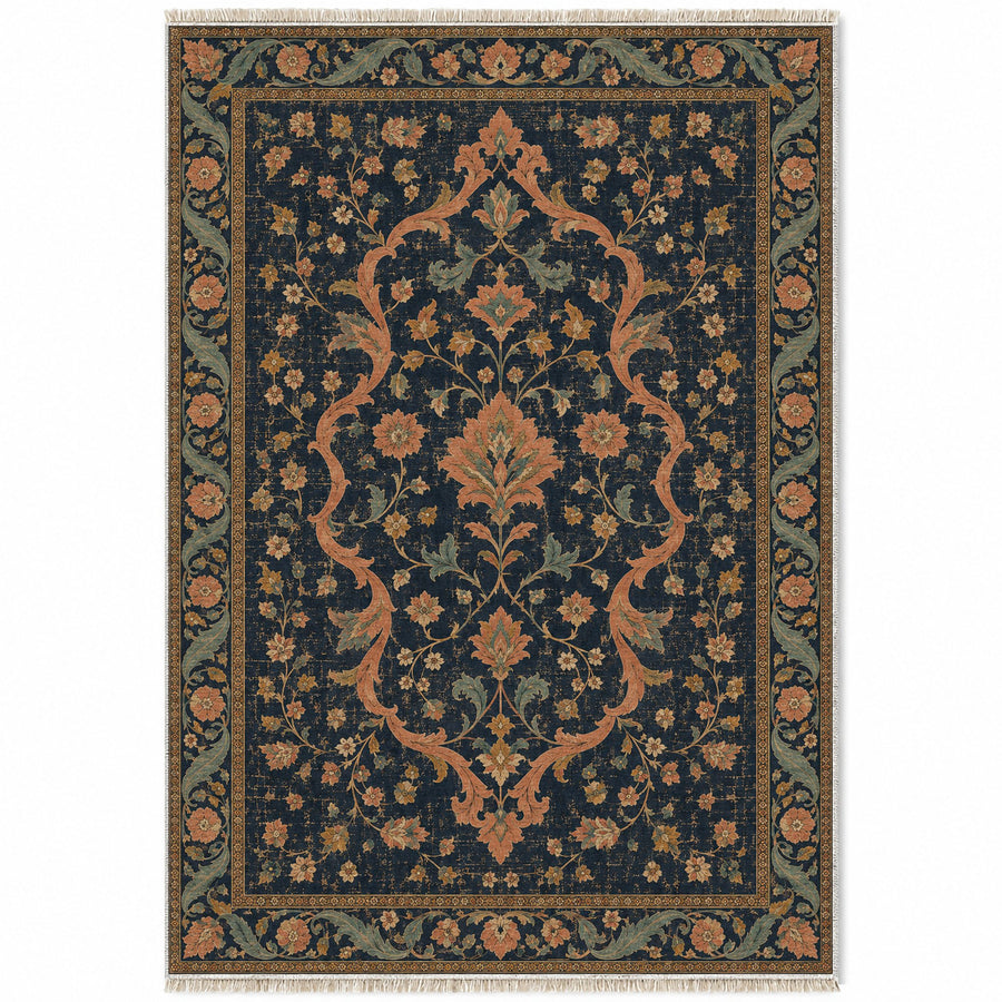 Lobed Ogee Passage Midnight & Melon Distressed Washable Rug