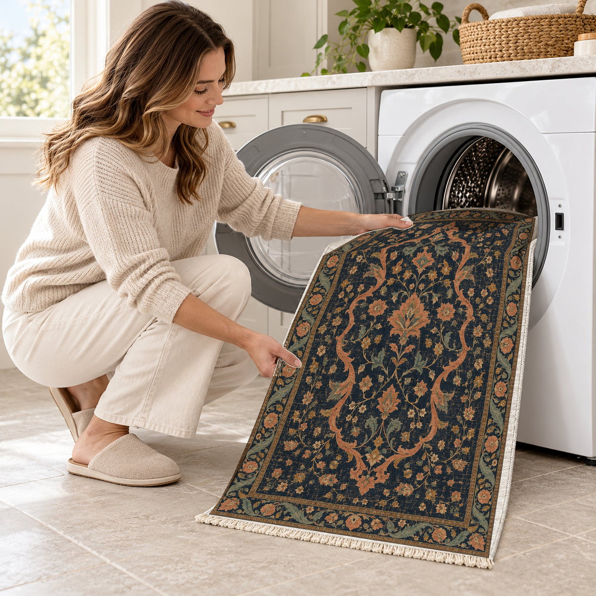 Lobed Ogee Passage Midnight & Melon washable rug being loaded into a washing machine