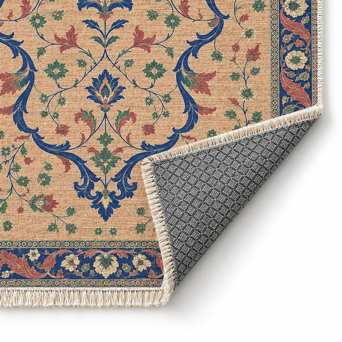 Lobed Ogee Passage Peach, Cobalt & Jade washable rug folded corner showing the backing