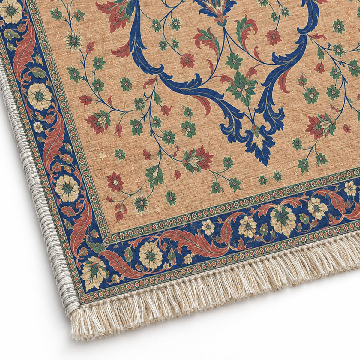 Lobed Ogee Passage Peach, Cobalt & Jade washable rug close-up of the printed chenille