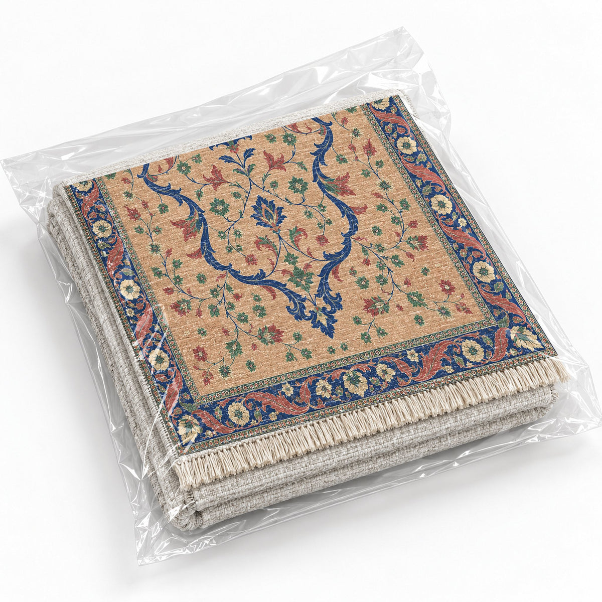 Lobed Ogee Passage Peach, Cobalt & Jade washable rug rolled and packaged