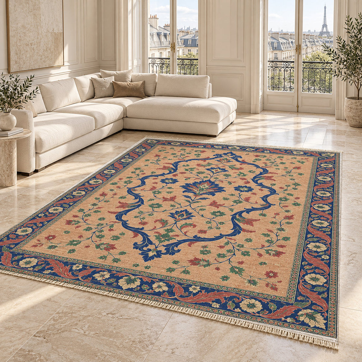 Lobed Ogee Passage Peach, Cobalt & Jade washable rug angled room view on marble