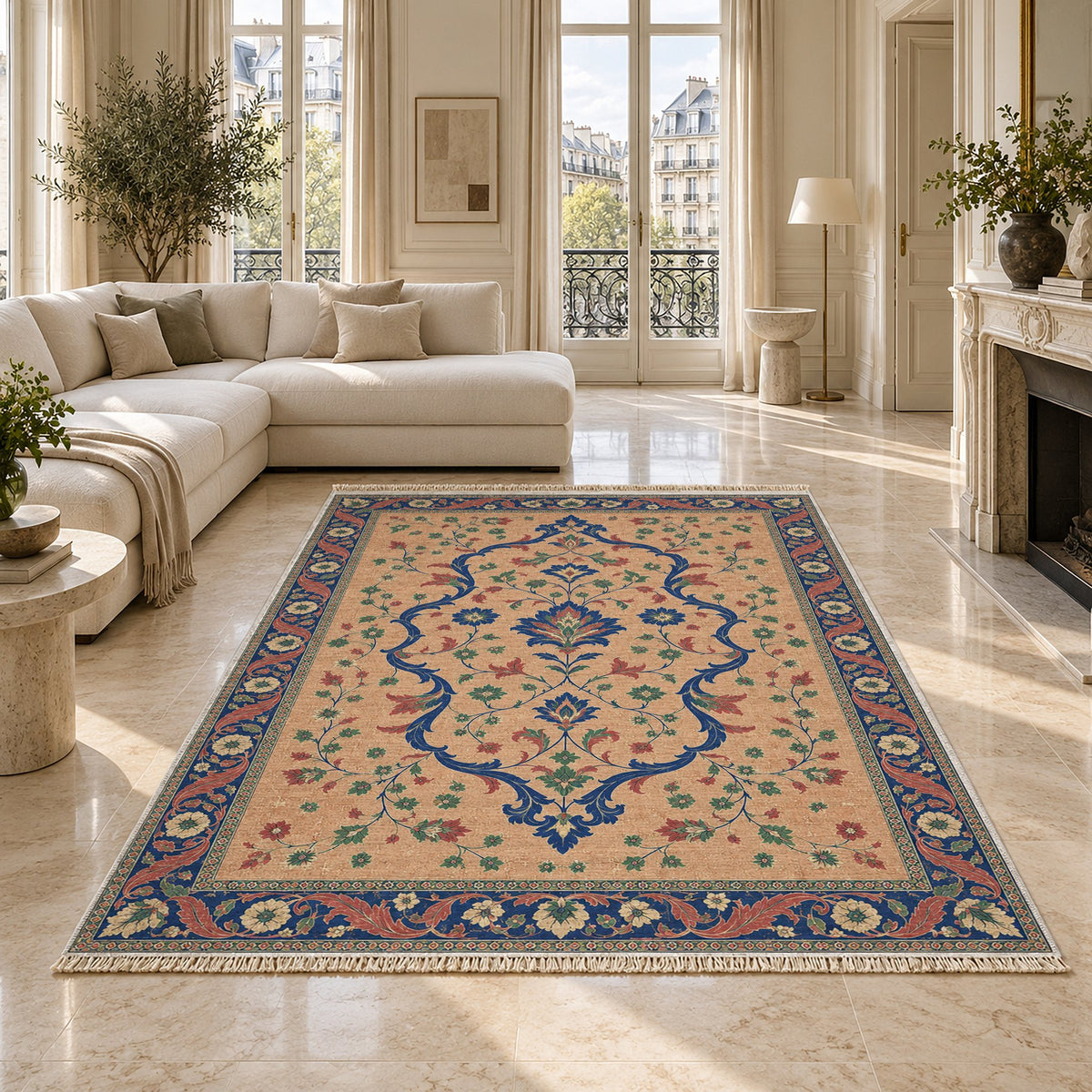 Lobed Ogee Passage Peach, Cobalt & Jade washable rug on a marble floor