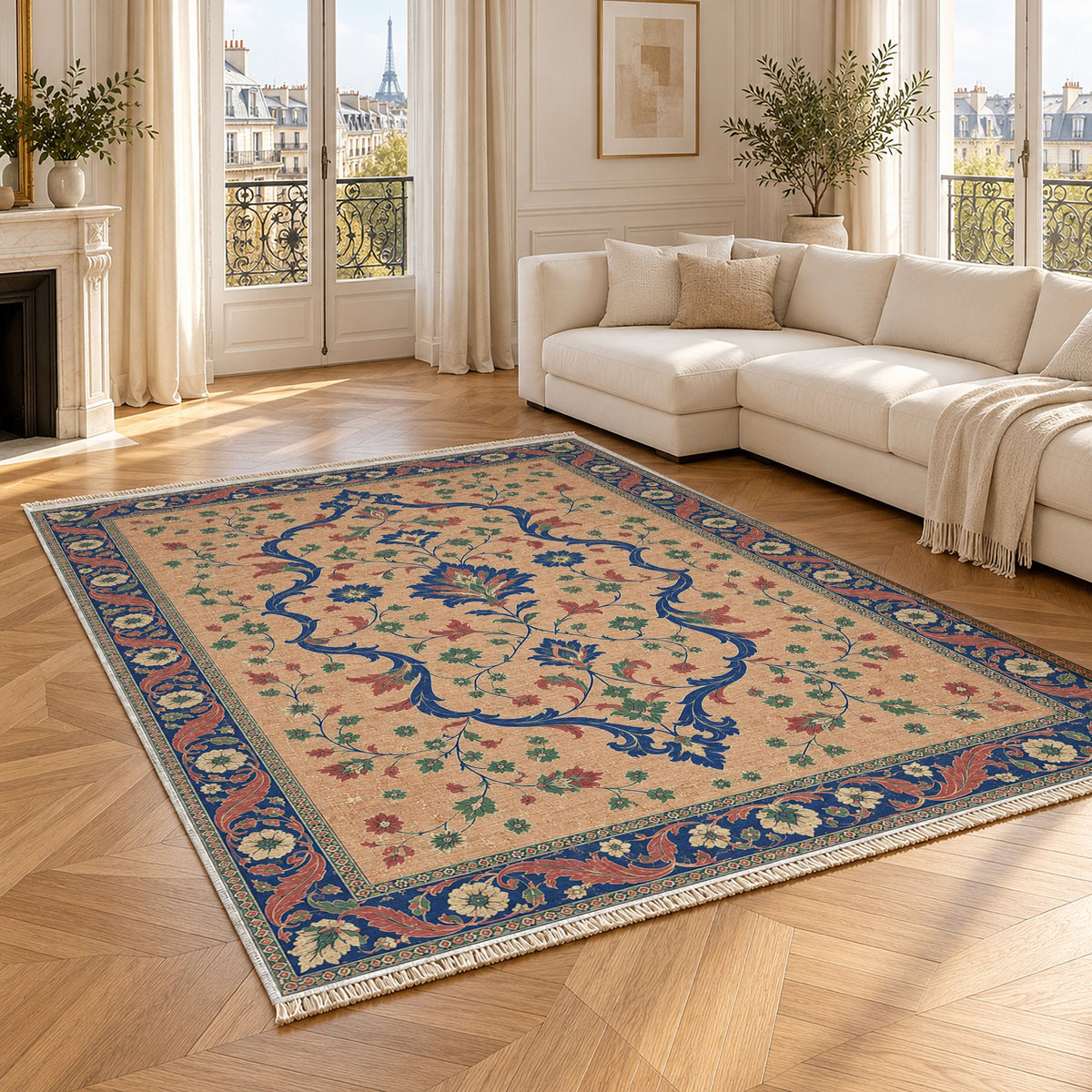 Lobed Ogee Passage Peach, Cobalt & Jade washable rug angled room view