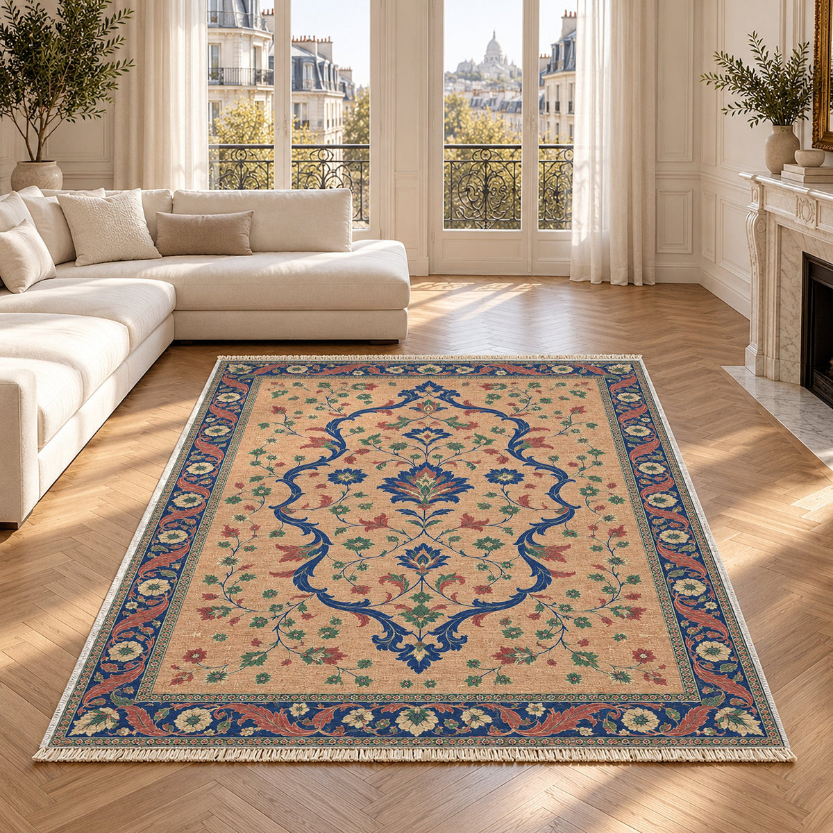 Lobed Ogee Passage Peach, Cobalt & Jade washable rug in a Paris living room