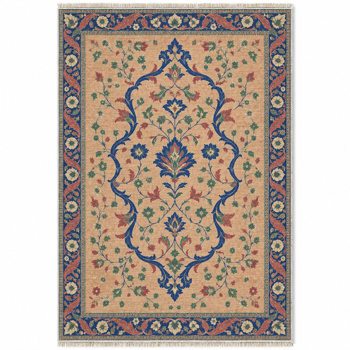 Lobed Ogee Passage Peach, Cobalt & Jade washable rug top view