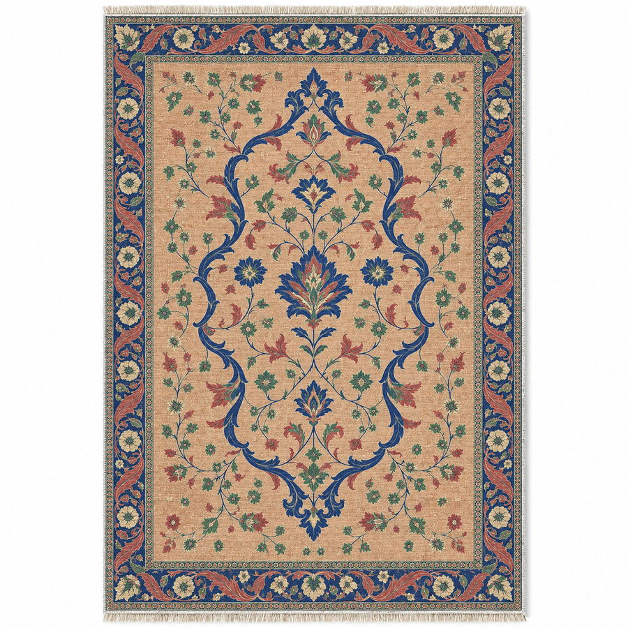 Lobed Ogee Passage Peach, Cobalt & Jade Distressed Washable Rug