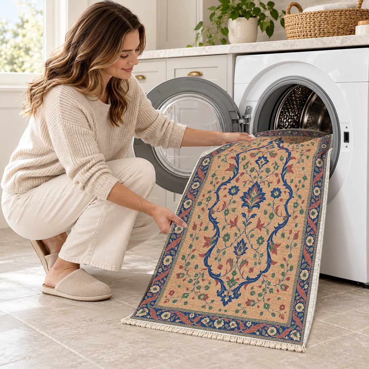 Lobed Ogee Passage Peach, Cobalt & Jade washable rug being loaded into a washing machine