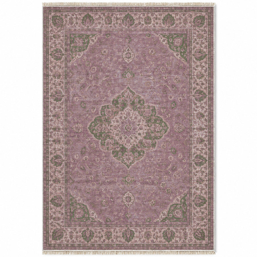 Lotus Arabesque Rose & Olive Ottoman Washable Rug