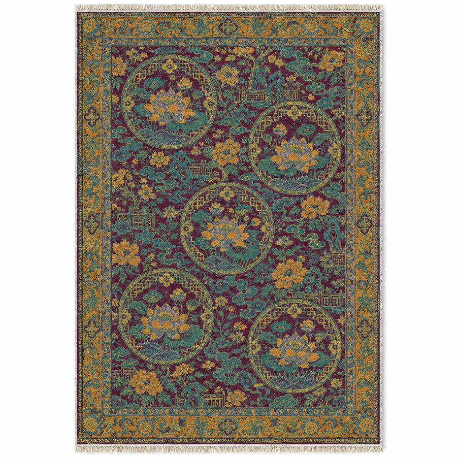 Lotus Coin Burgundy & Teal Oriental Washable Rug