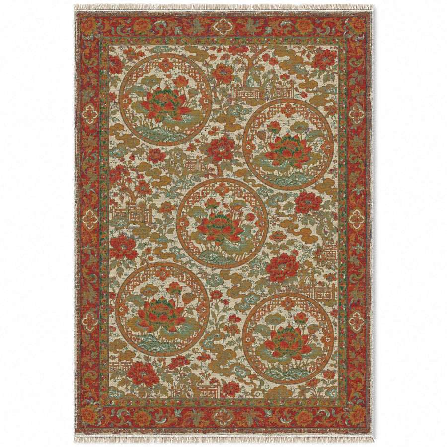 Lotus Coin Emerald & Terracotta Oriental Washable Rug