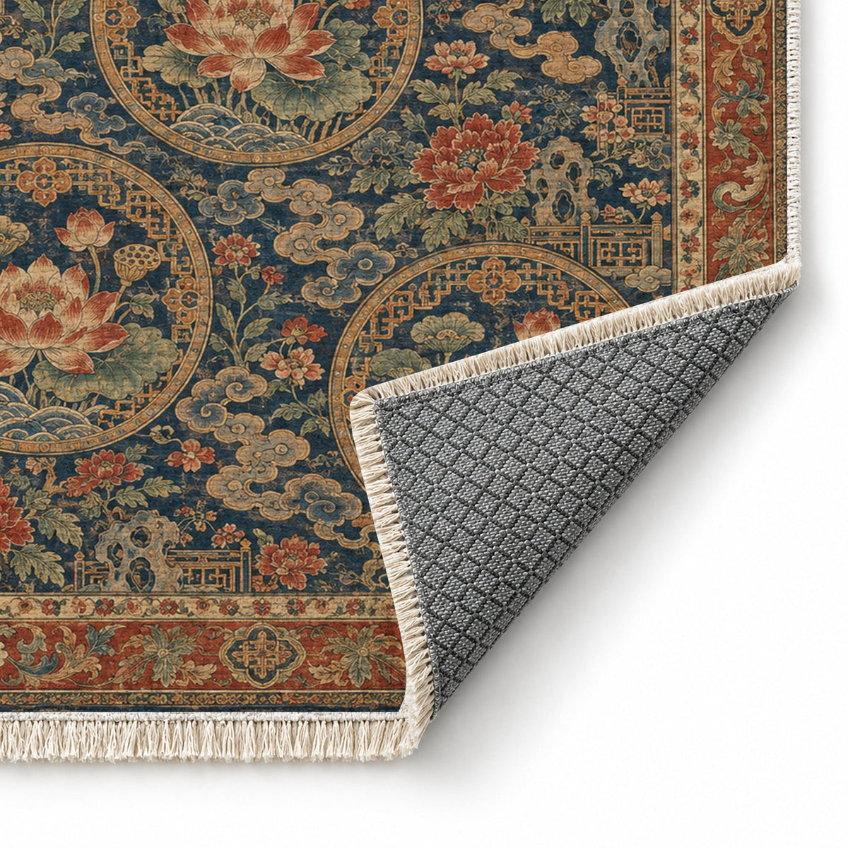 Lotus Coin Indigo & Rust washable rug folded corner showing the backing