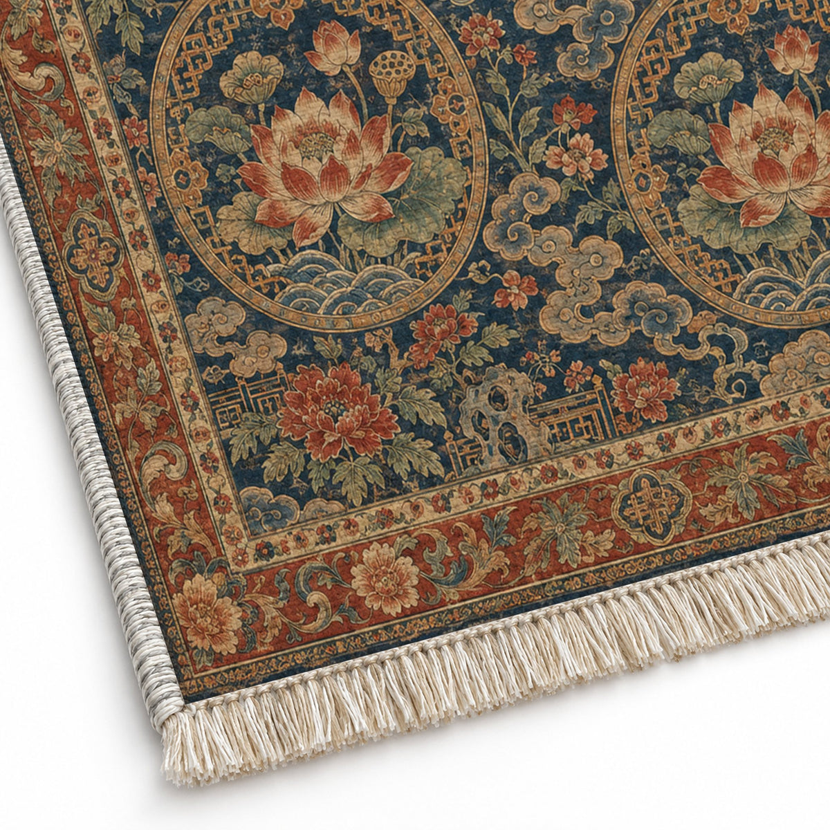 Lotus Coin Indigo & Rust washable rug close-up of the printed chenille