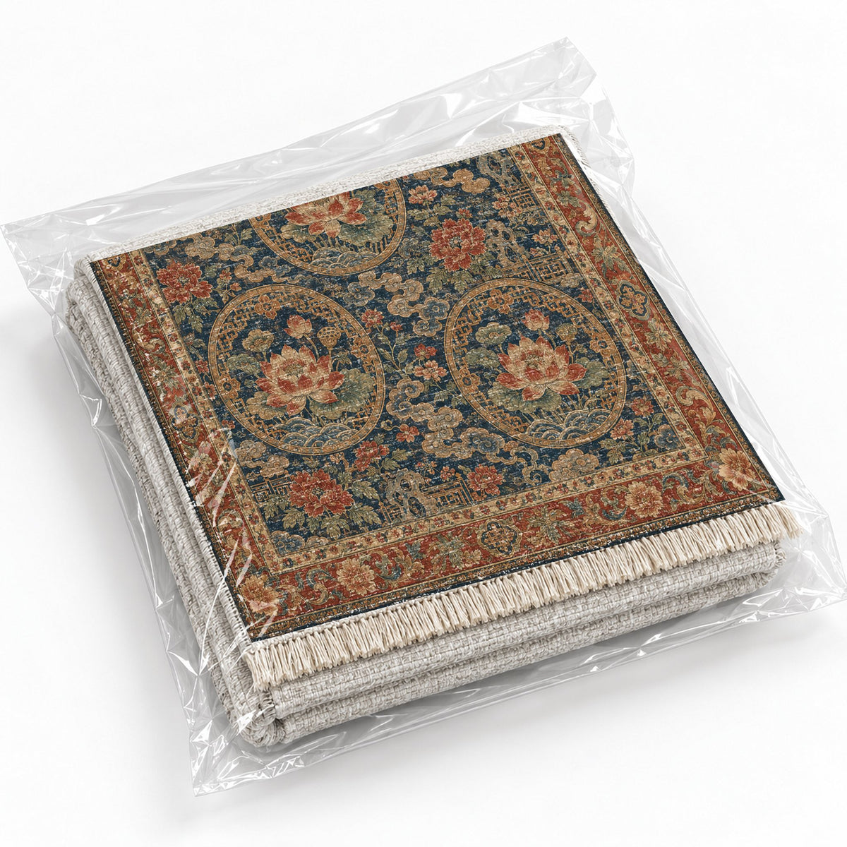 Lotus Coin Indigo & Rust washable rug rolled and packaged