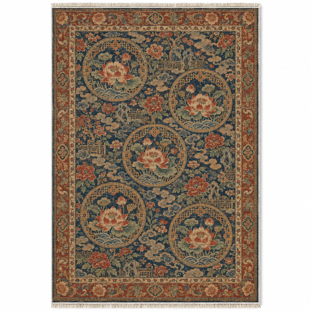 Lotus Coin Indigo & Rust washable rug top view