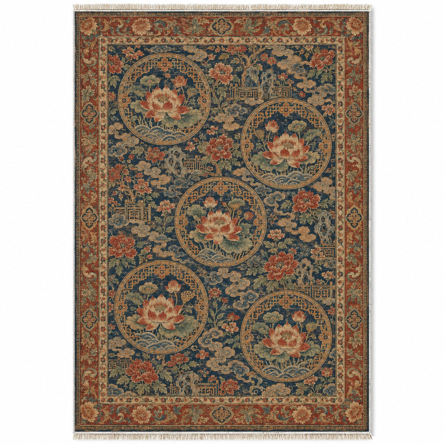 Lotus Coin Indigo & Rust Oriental Washable Rug