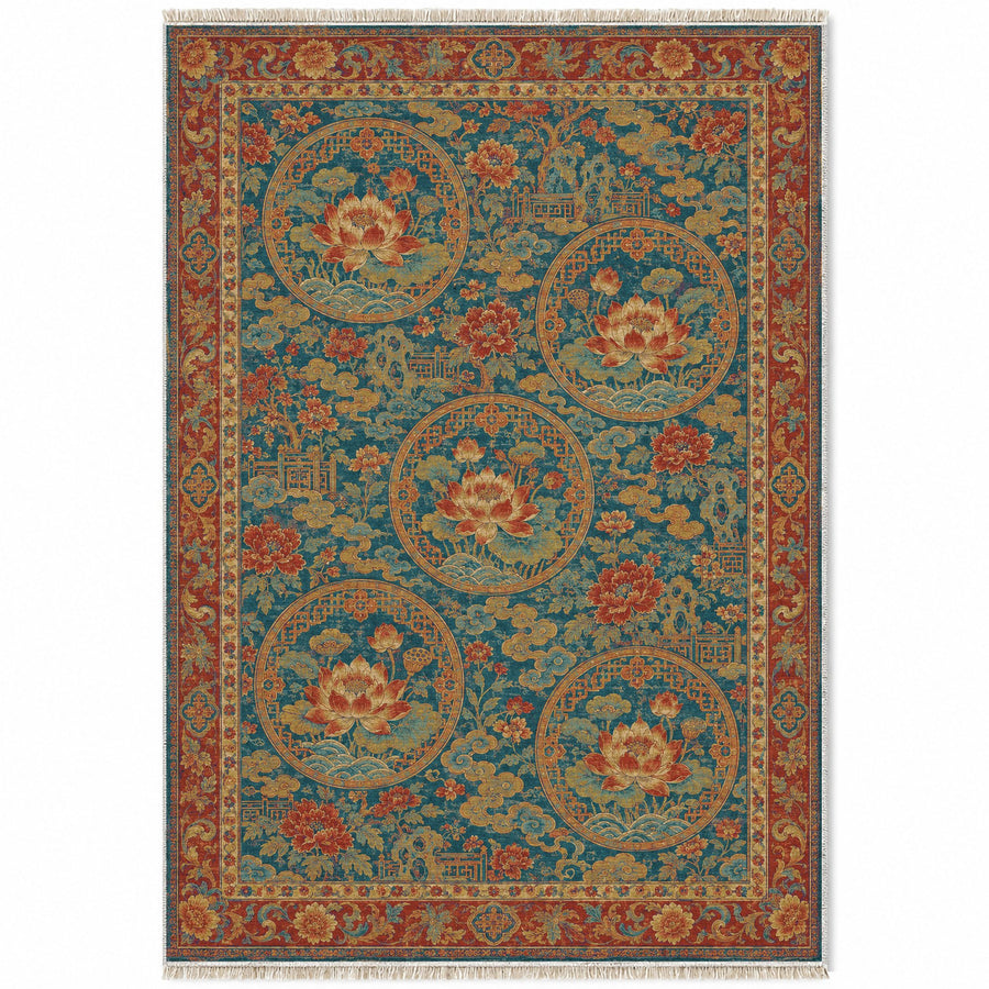 Lotus Coin Peacock & Ochre Oriental Washable Rug