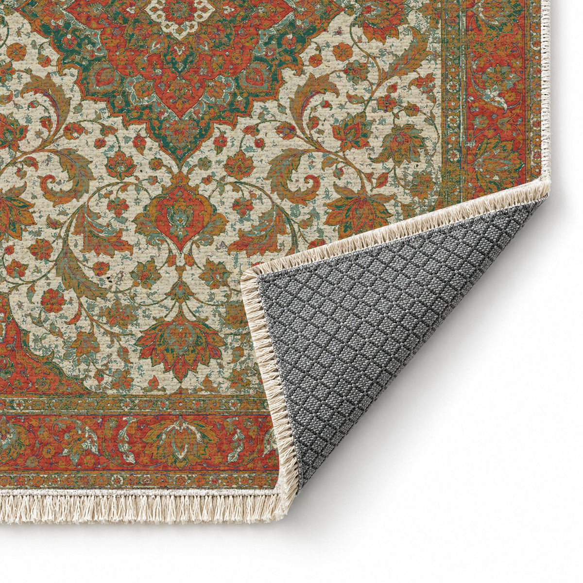 Lotus Court Emerald & Terracotta washable rug folded corner showing the backing