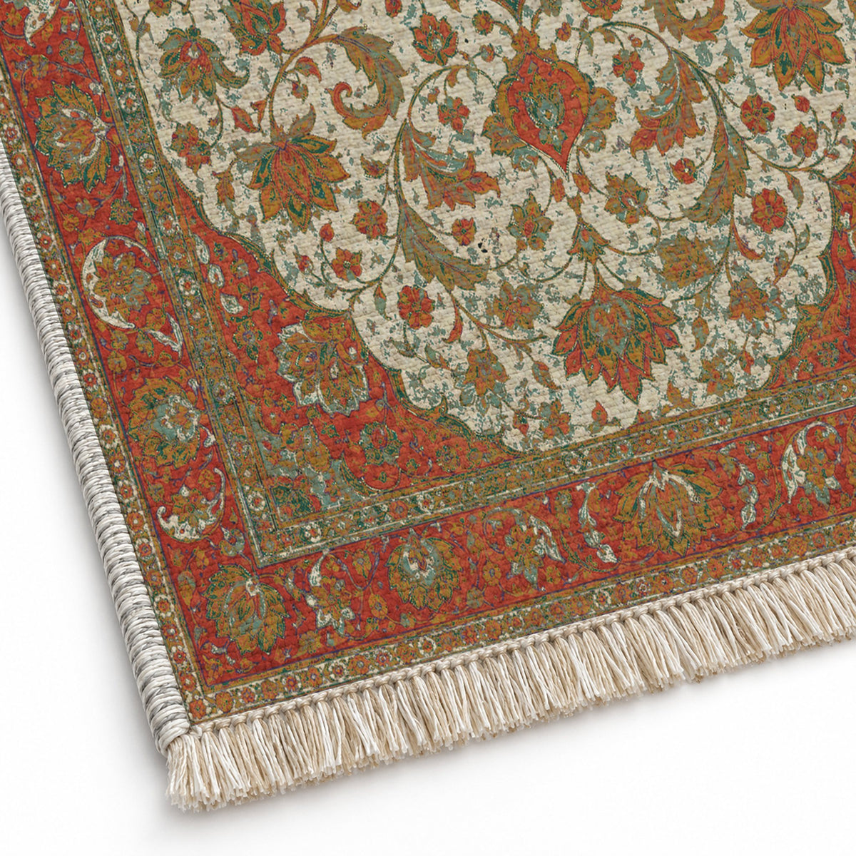 Lotus Court Emerald & Terracotta washable rug close-up of the printed chenille