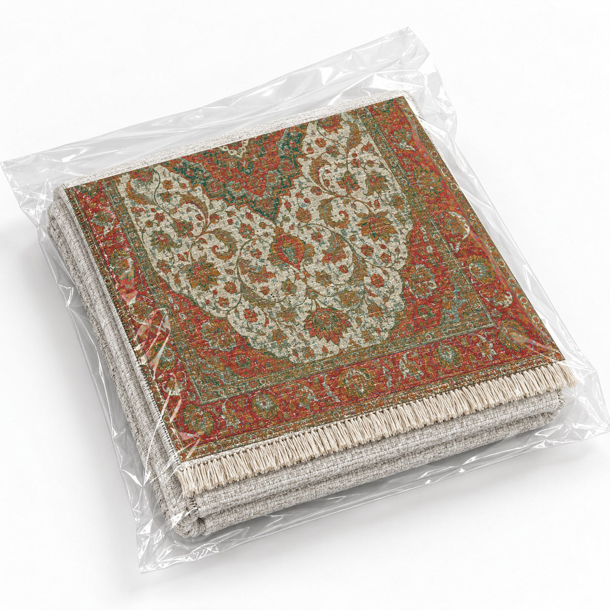 Lotus Court Emerald & Terracotta washable rug rolled and packaged