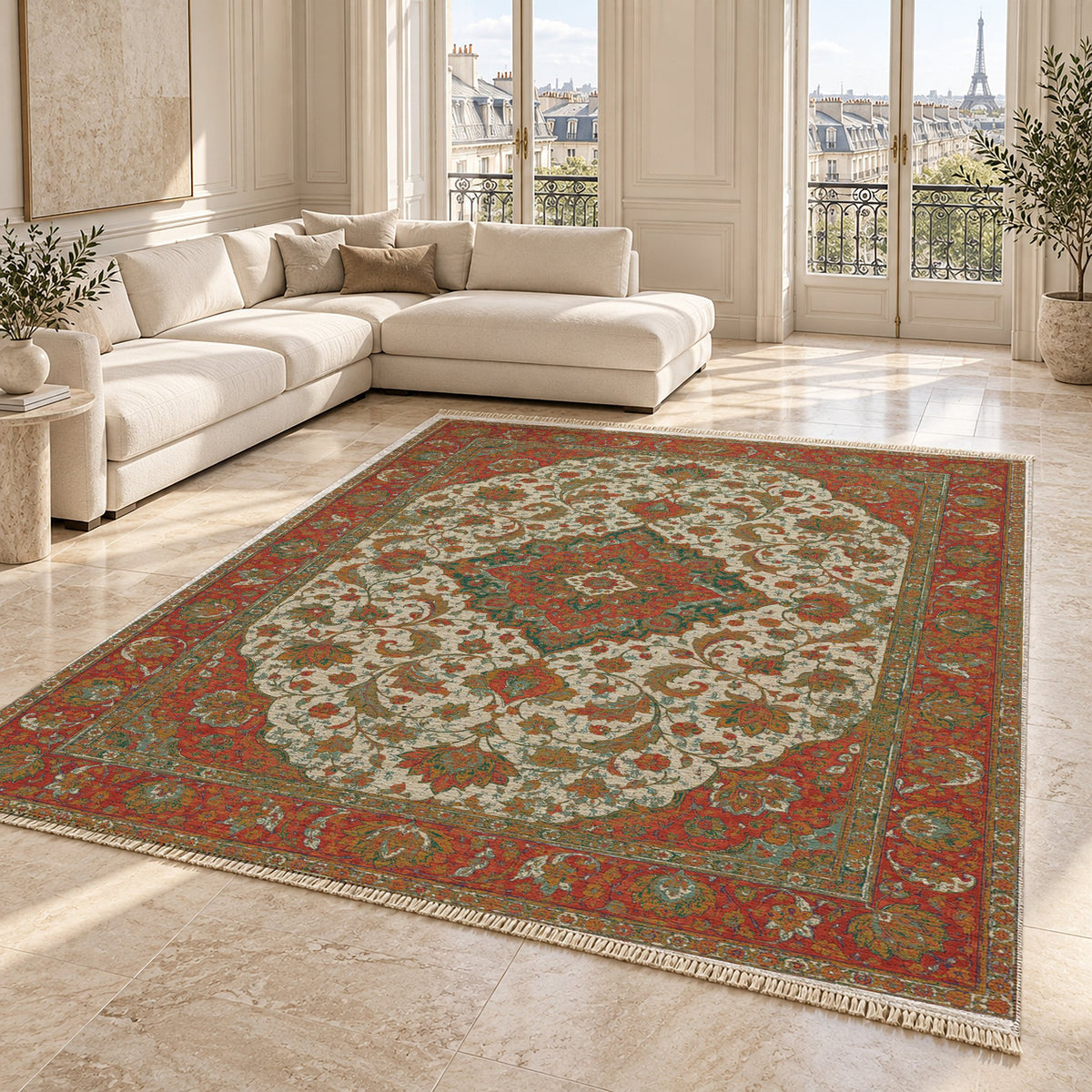 Lotus Court Emerald & Terracotta washable rug angled room view on marble