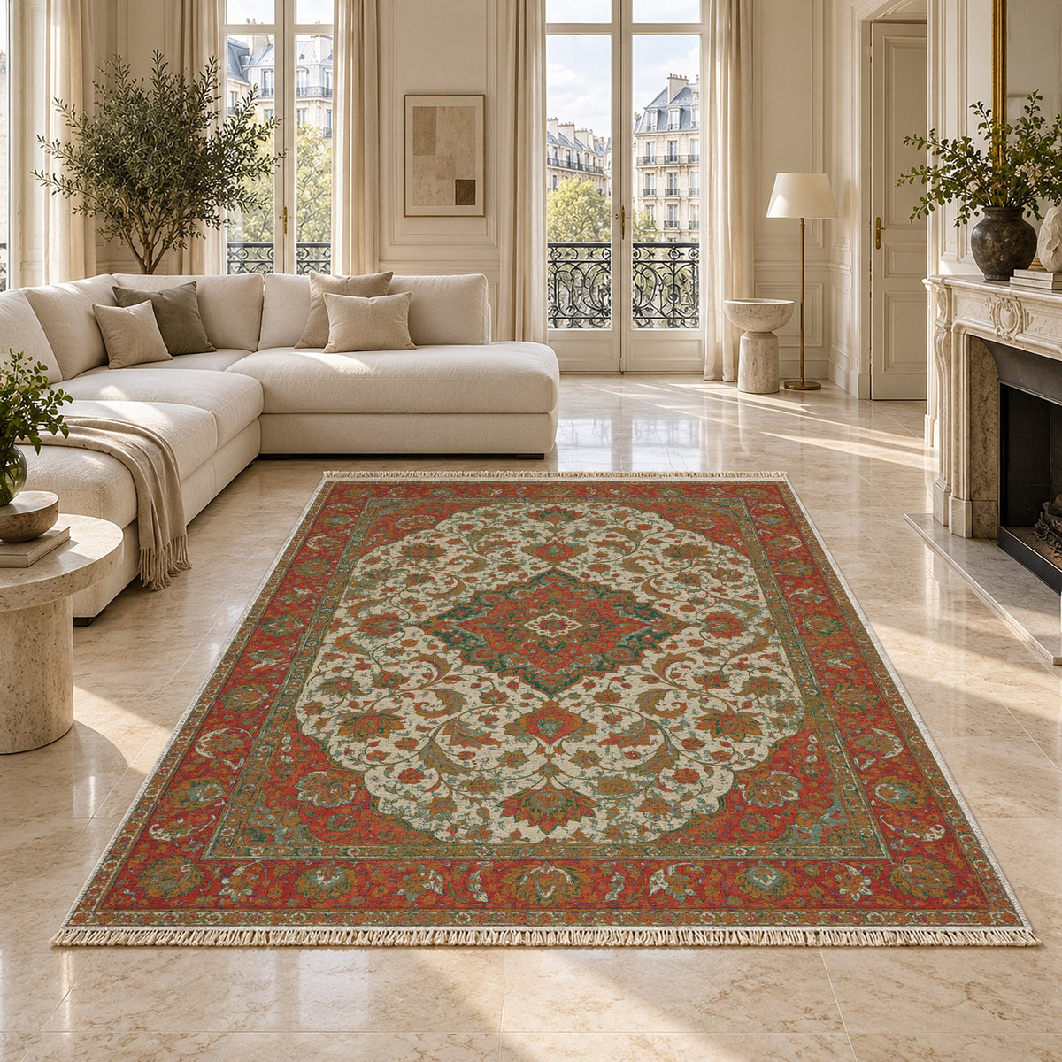 Lotus Court Emerald & Terracotta washable rug on a marble floor