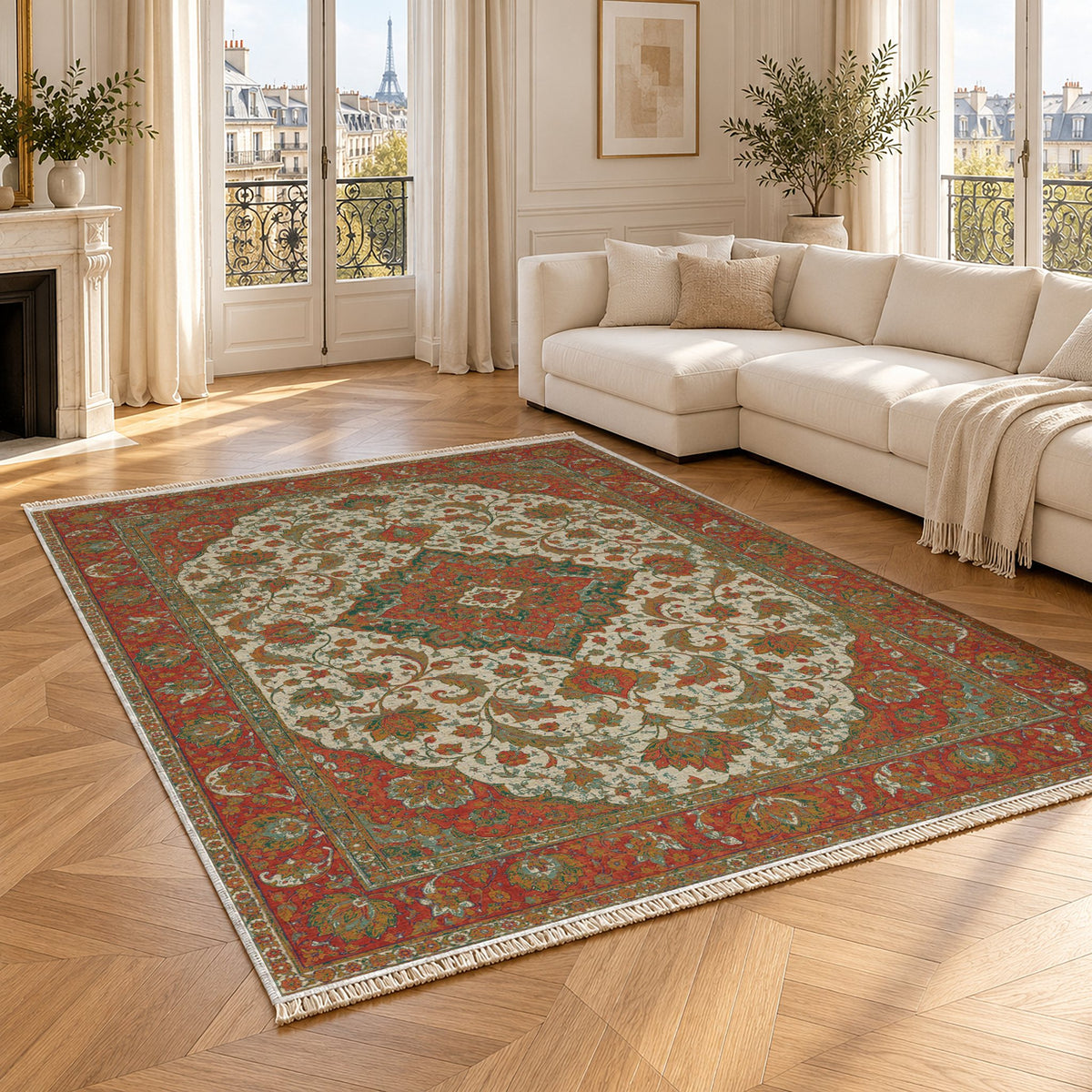 Lotus Court Emerald & Terracotta washable rug angled room view