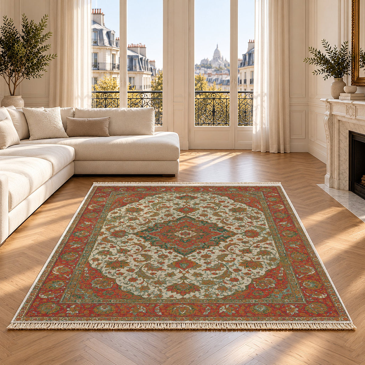 Lotus Court Emerald & Terracotta washable rug on an oak floor