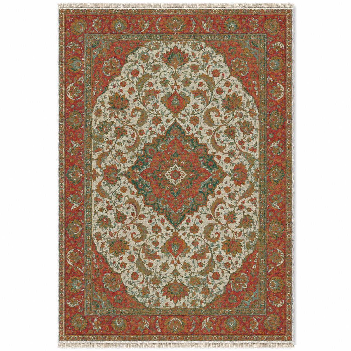 Lotus Court Emerald & Terracotta washable rug top view