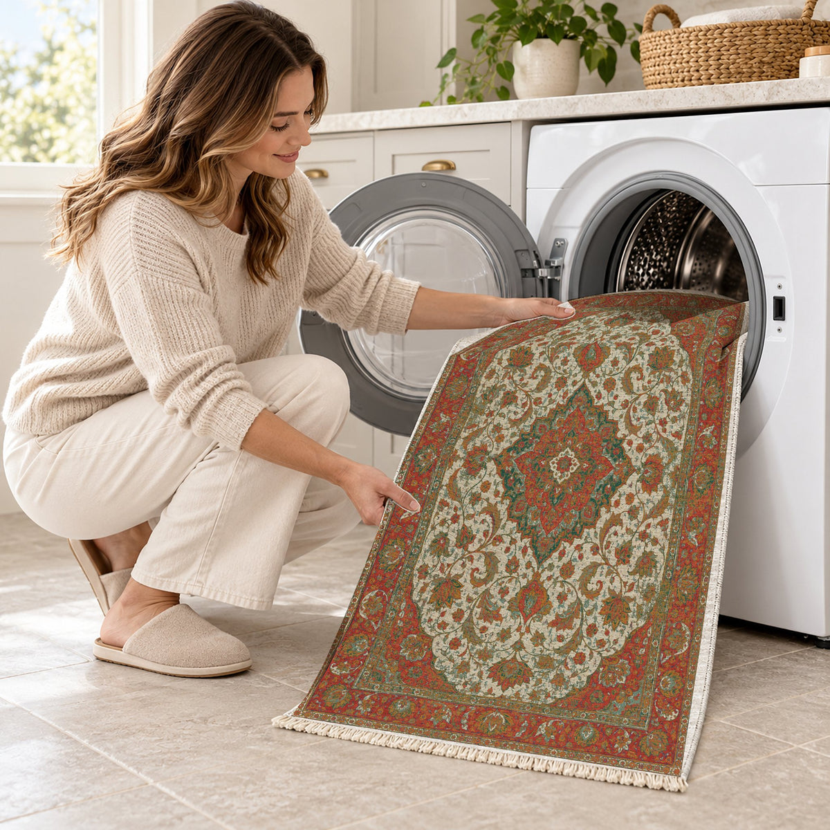 Lotus Court Emerald & Terracotta washable rug being loaded into a washing machine