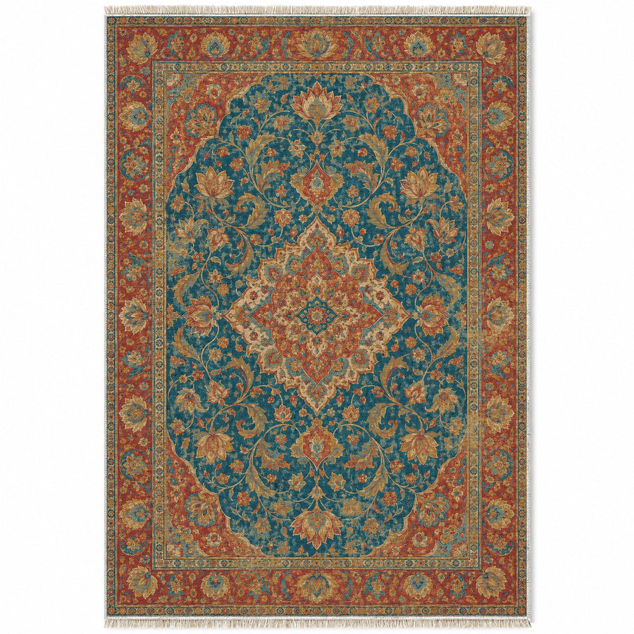 Lotus Court Peacock & Ochre Persian Washable Rug