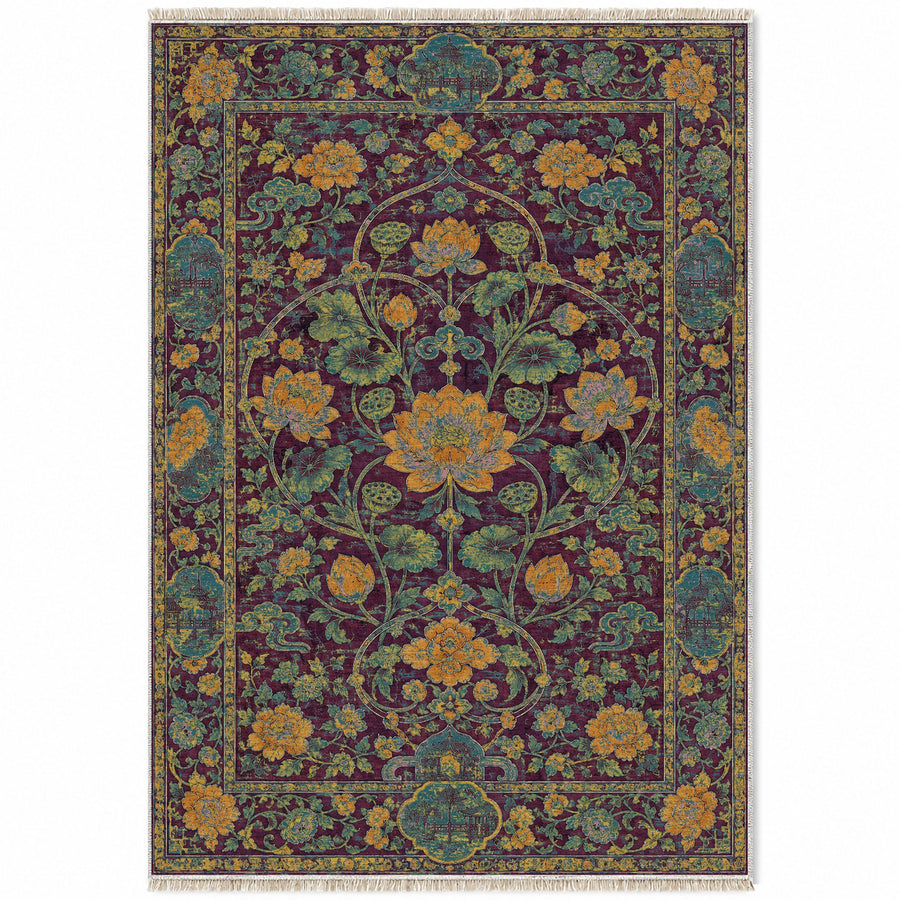 Lotus Lake Burgundy & Teal Oriental Washable Rug