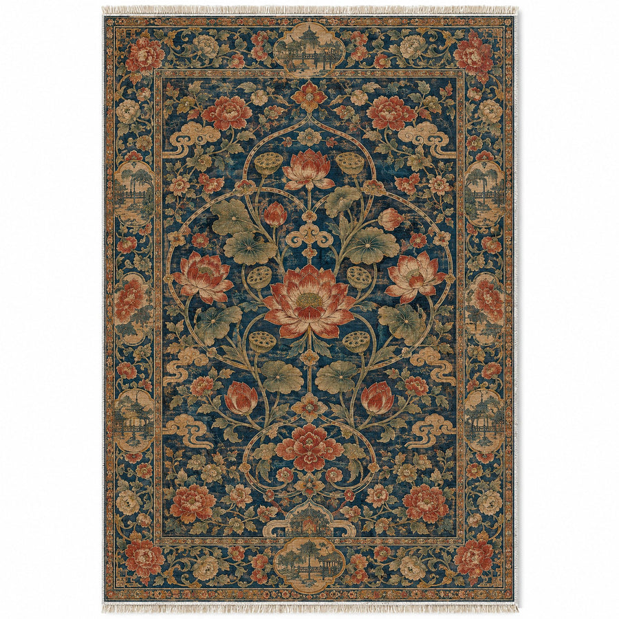 Lotus Lake Indigo & Rust Oriental Washable Rug