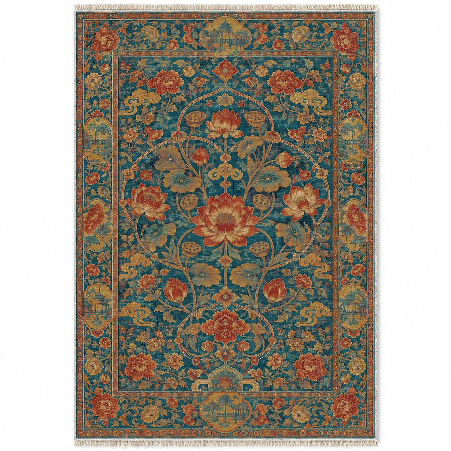 Lotus Lake Peacock & Ochre Oriental Washable Rug