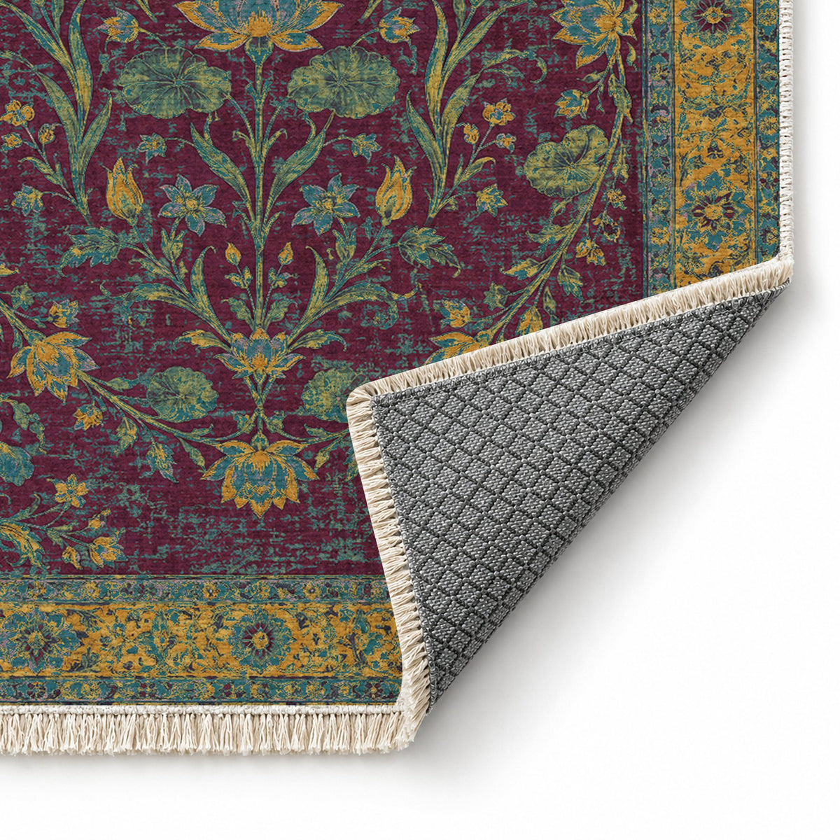 Lotus Pool Burgundy & Teal washable rug folded corner showing the backing