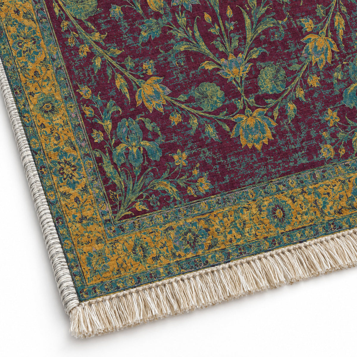Lotus Pool Burgundy & Teal washable rug close-up of the printed chenille