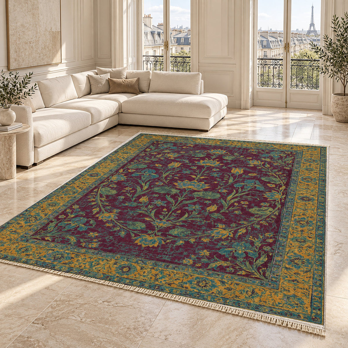 Lotus Pool Burgundy & Teal washable rug angled room view on marble