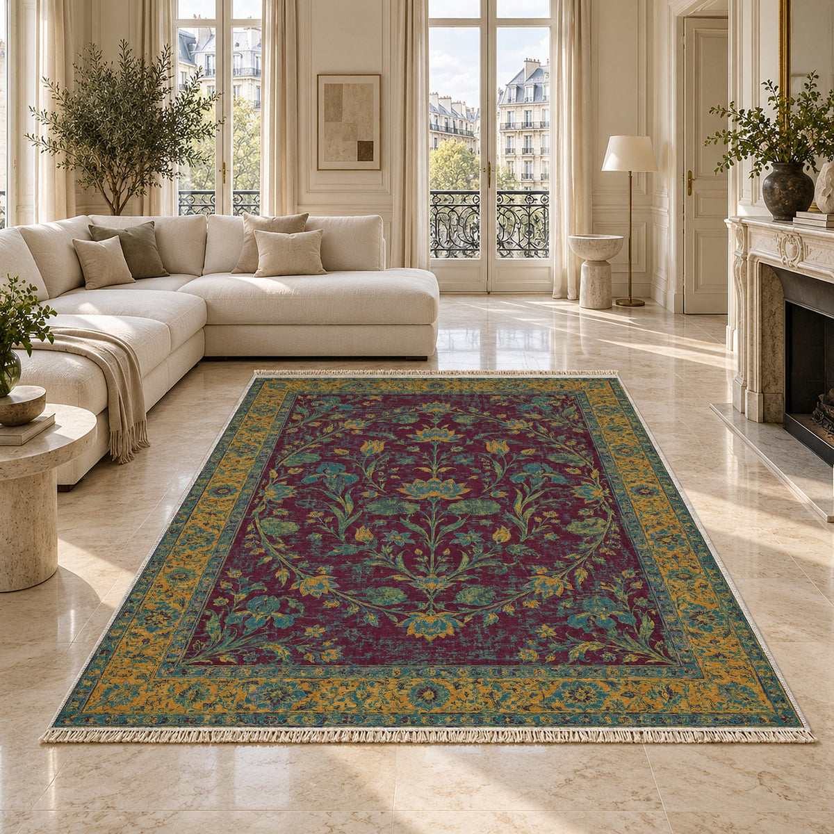Lotus Pool Burgundy & Teal washable rug on a marble floor