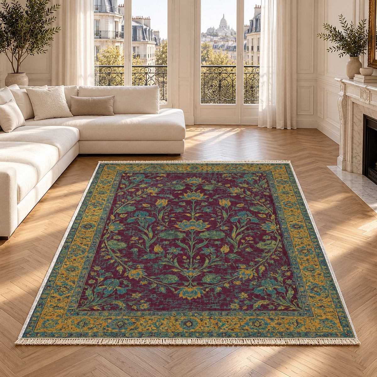 Lotus Pool Burgundy & Teal washable rug in a Paris living room