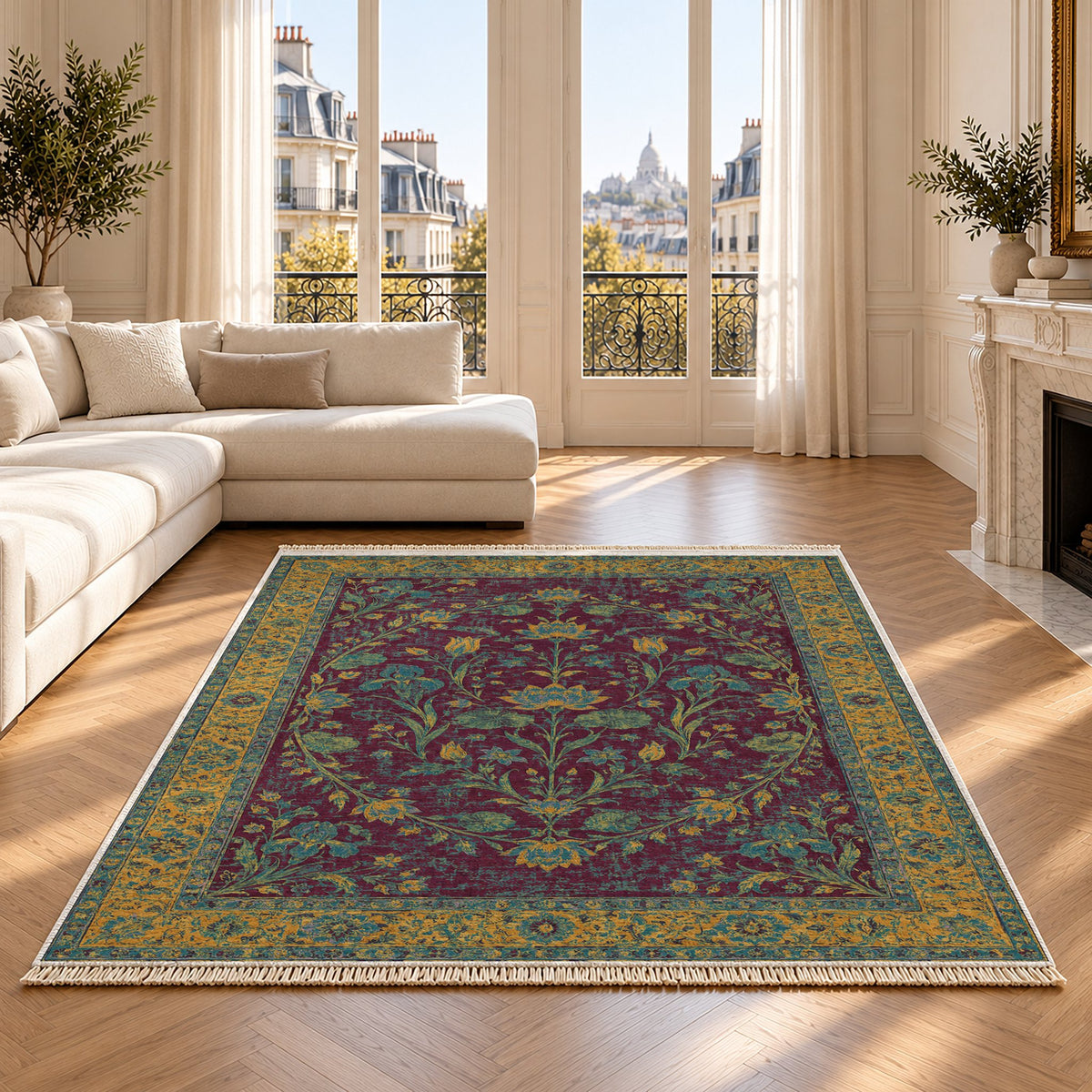 Lotus Pool Burgundy & Teal washable rug on an oak floor