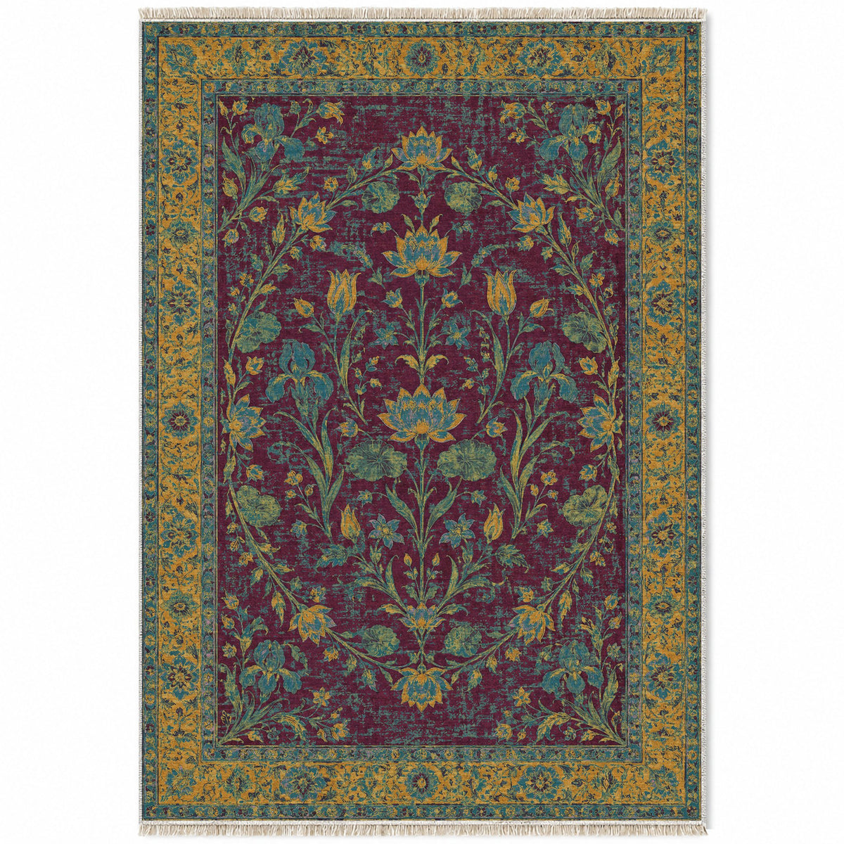 Lotus Pool Burgundy & Teal washable rug top view