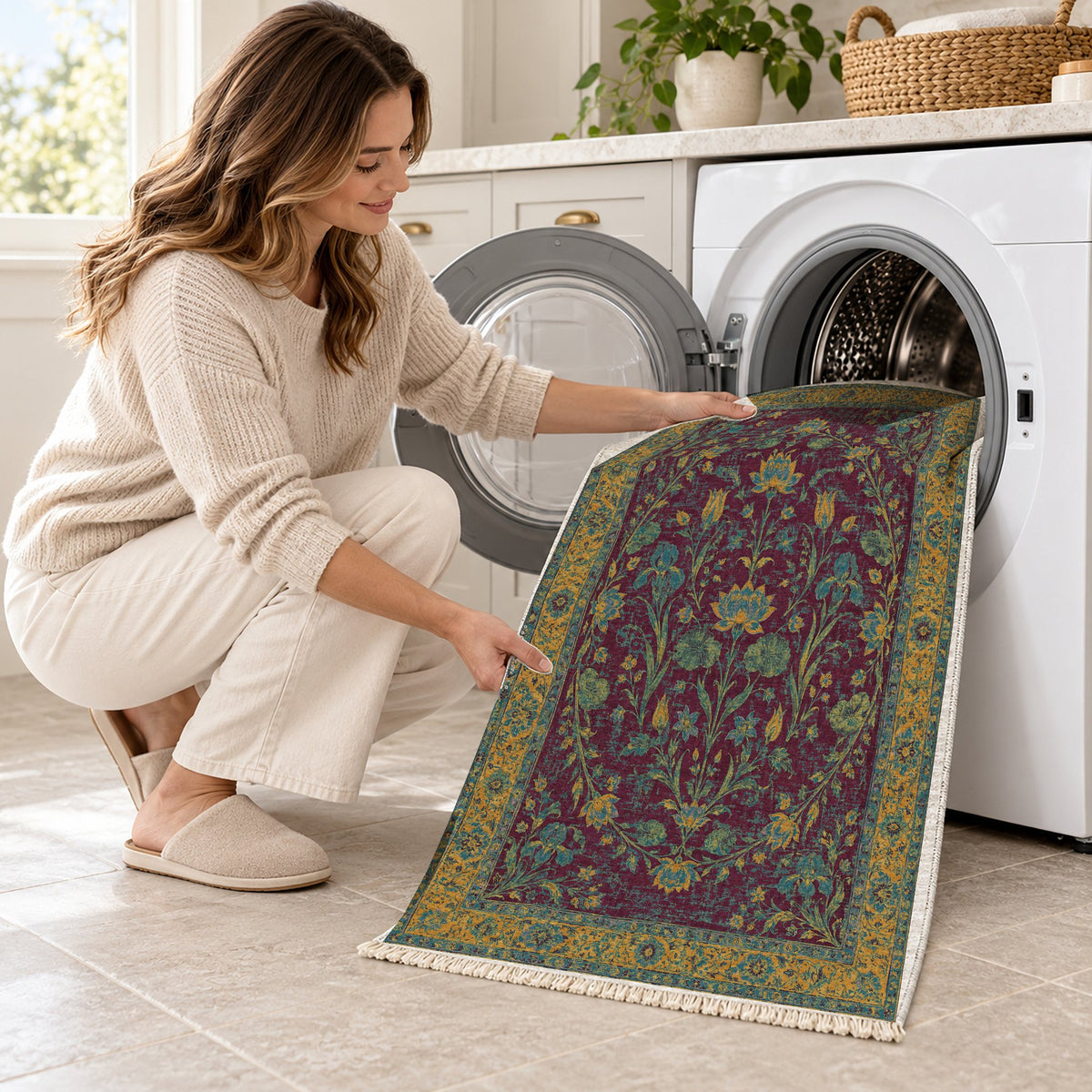 Lotus Pool Burgundy & Teal washable rug being loaded into a washing machine