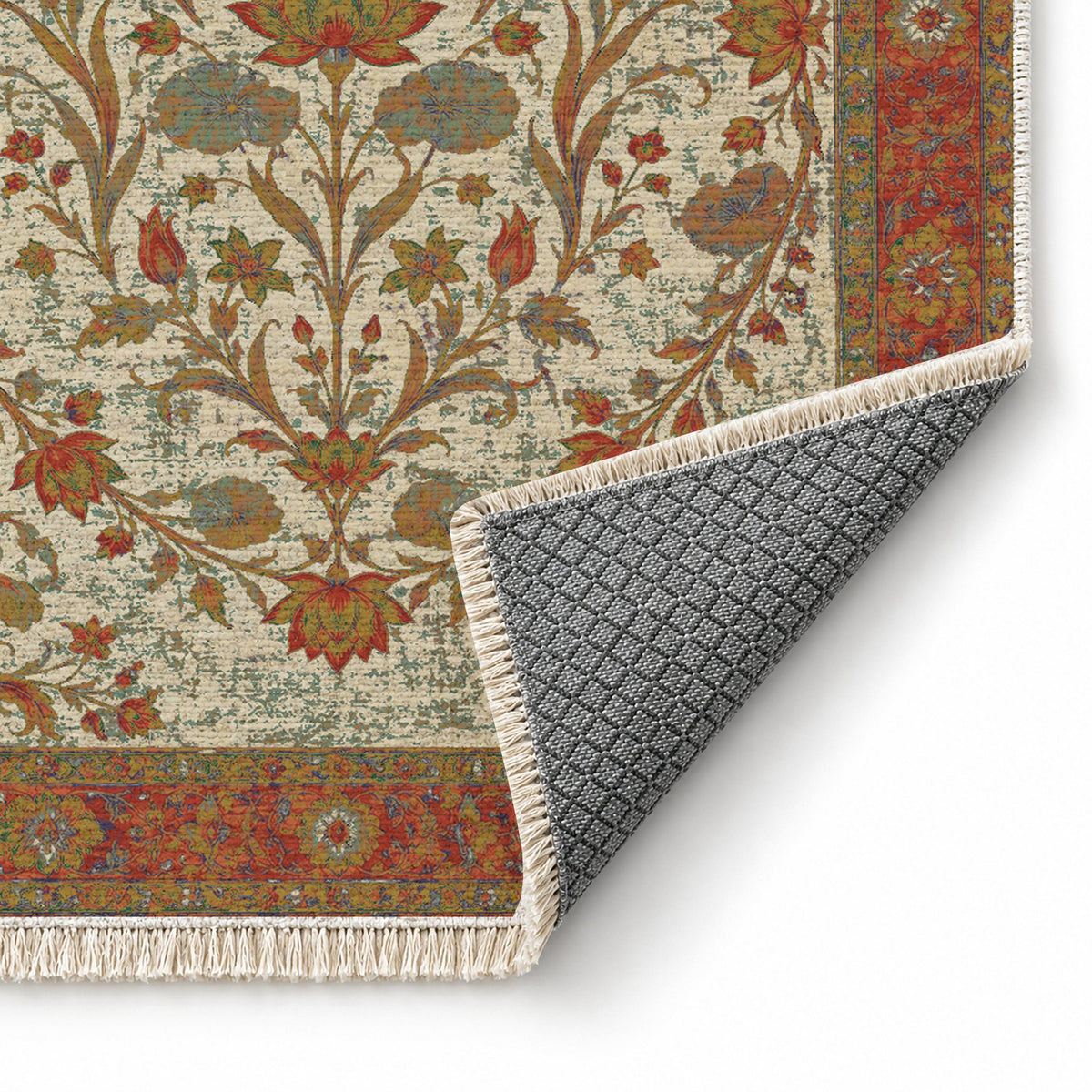 Lotus Pool Emerald & Terracotta washable rug folded corner showing the backing