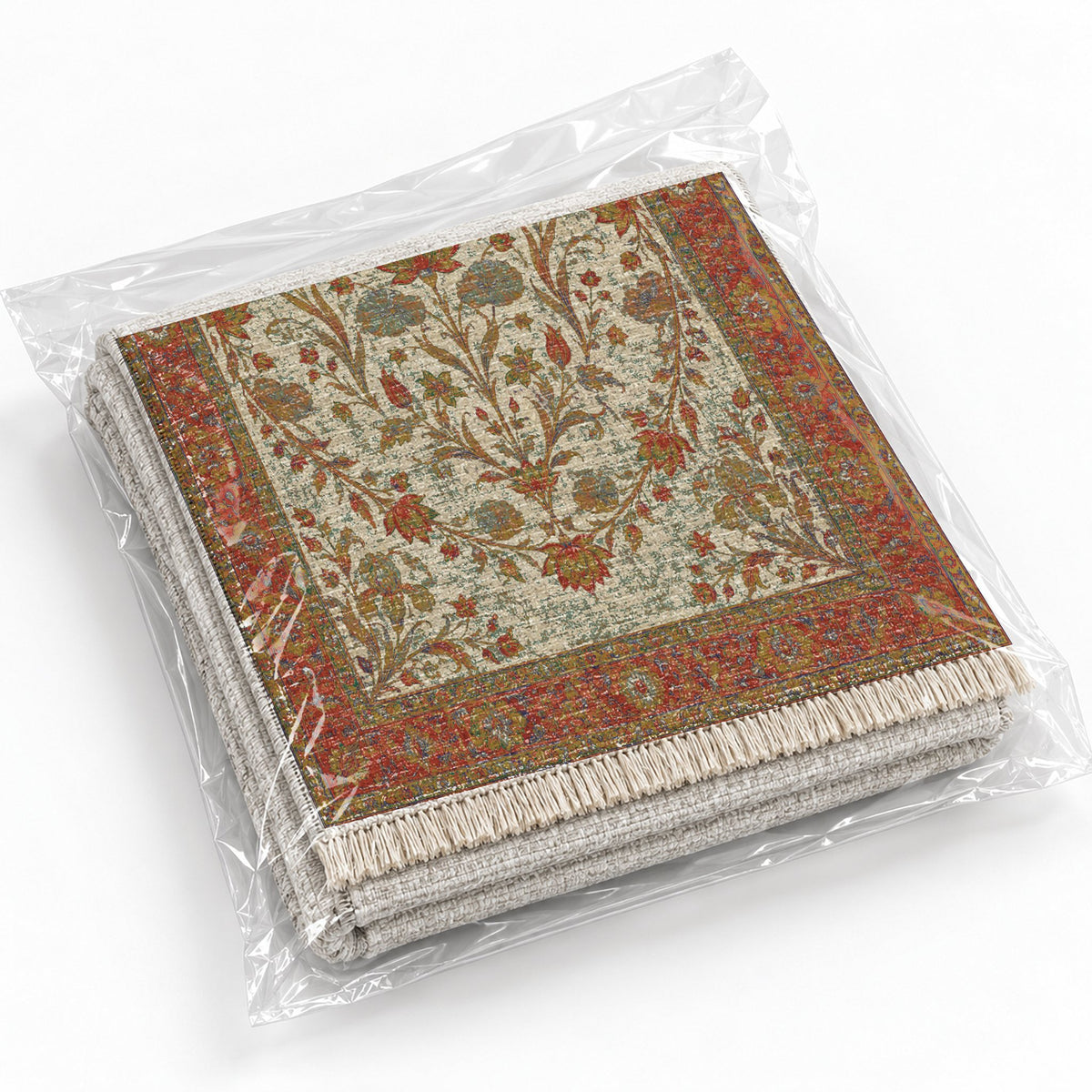 Lotus Pool Emerald & Terracotta washable rug rolled and packaged