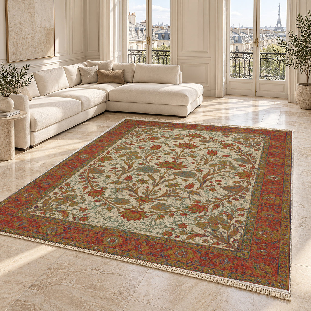 Lotus Pool Emerald & Terracotta washable rug angled room view on marble