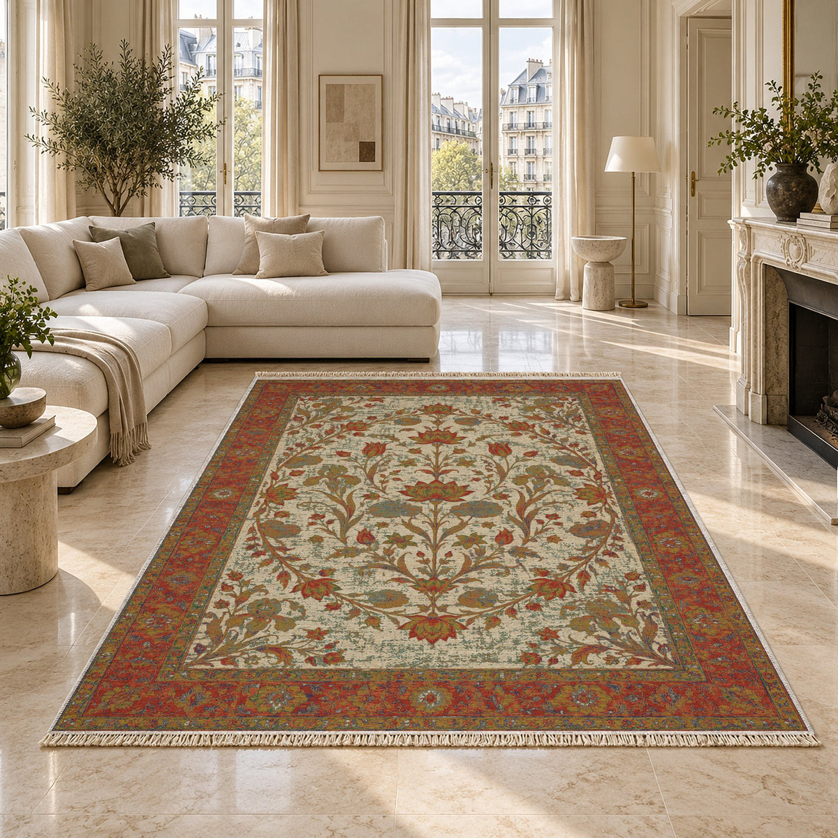 Lotus Pool Emerald & Terracotta washable rug on a marble floor