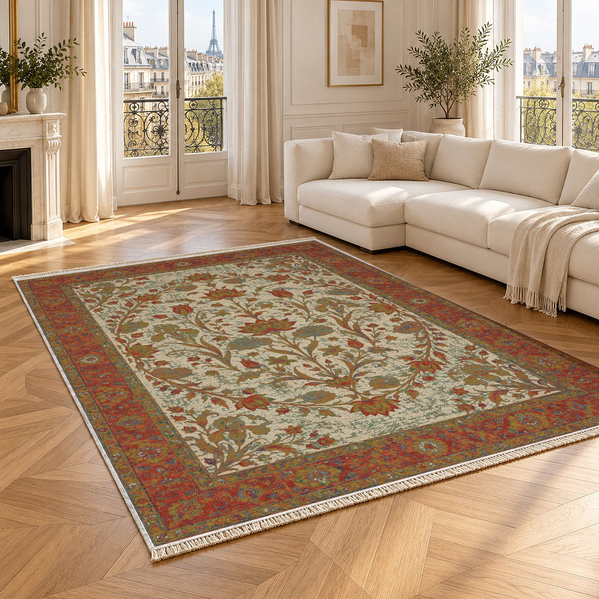 Lotus Pool Emerald & Terracotta washable rug angled room view
